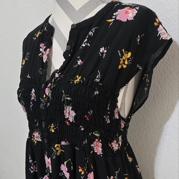 FREE PEOPLE Greatest Day Floral Dress Black Pink Yellow Smocked Waist Medium - Picture 6 of 16